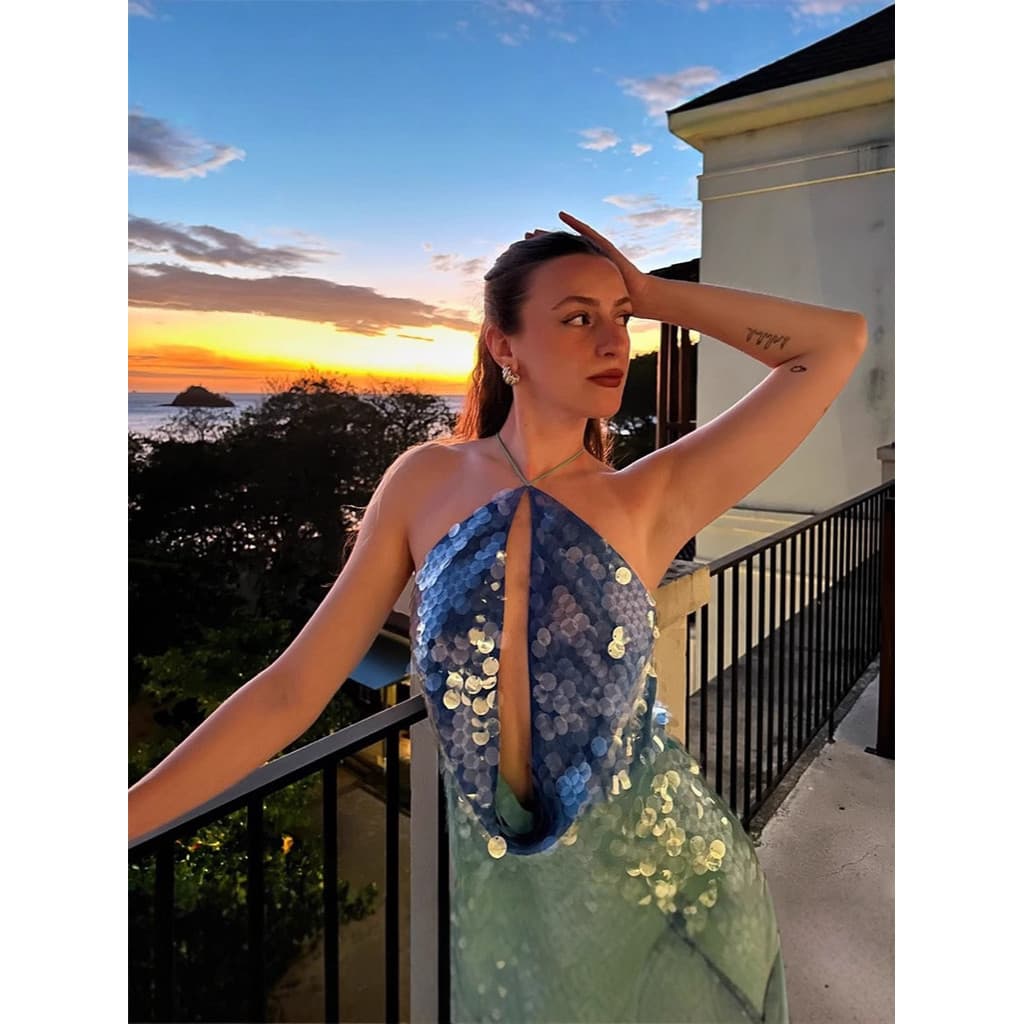 [Novo produto] Ano elegante lantejoulas elegante Slim fit feminino Halterneck vestido com alça Halter [venda quente]