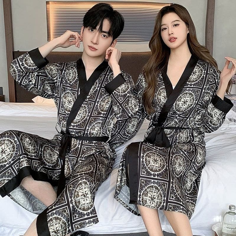 Estilo ocidental primavera outono camisola casal roupão de seda pijamas feminino camisola masculina manga longa gelo sed