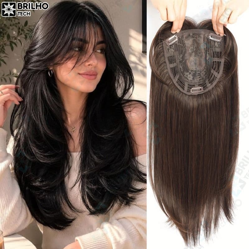 Cabelo Liso Topper , Clipe De Peruca Em Toppers De , Extensão Com Franja Sem Costura Sintética-BT