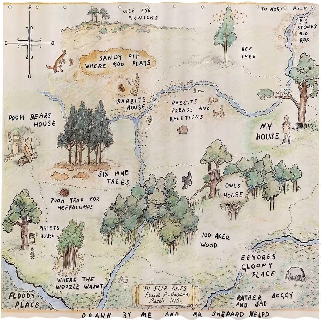 Cortina de Chuveiro Funnytree Urso Amante de Mel, Decoração de Banheiro com Tema de Literatura Infantil, Tecido Impermeá