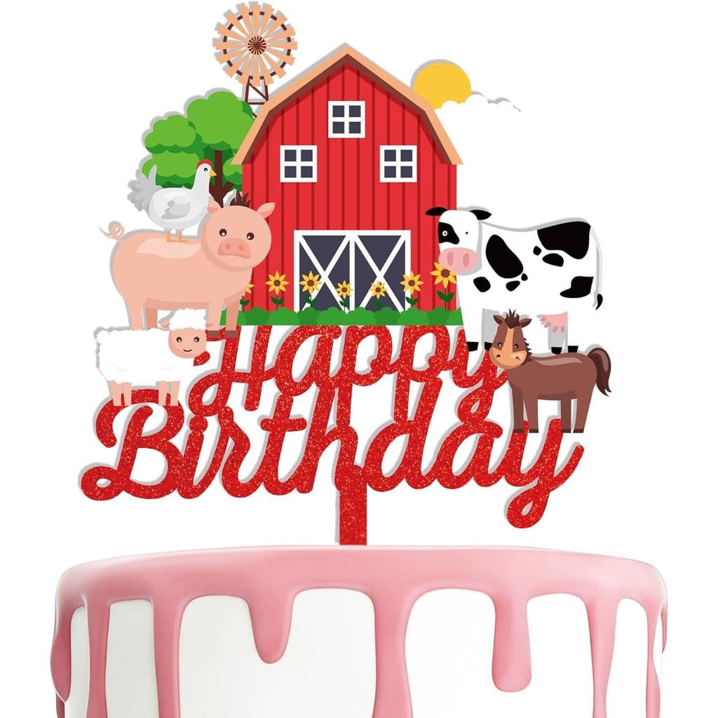 Topos de Bolo de Animais de Fazenda em Acrílico Vermelho para Decoração de Bolo de Aniversário com Tema de Fazenda, Porc