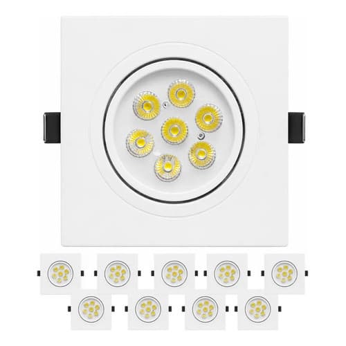 Kit 10 Spots LED Embutir Quadrado 7W Direcionável 6500K Luz Fria Bivolt 12x12cm para Gesso Sala Cozinha