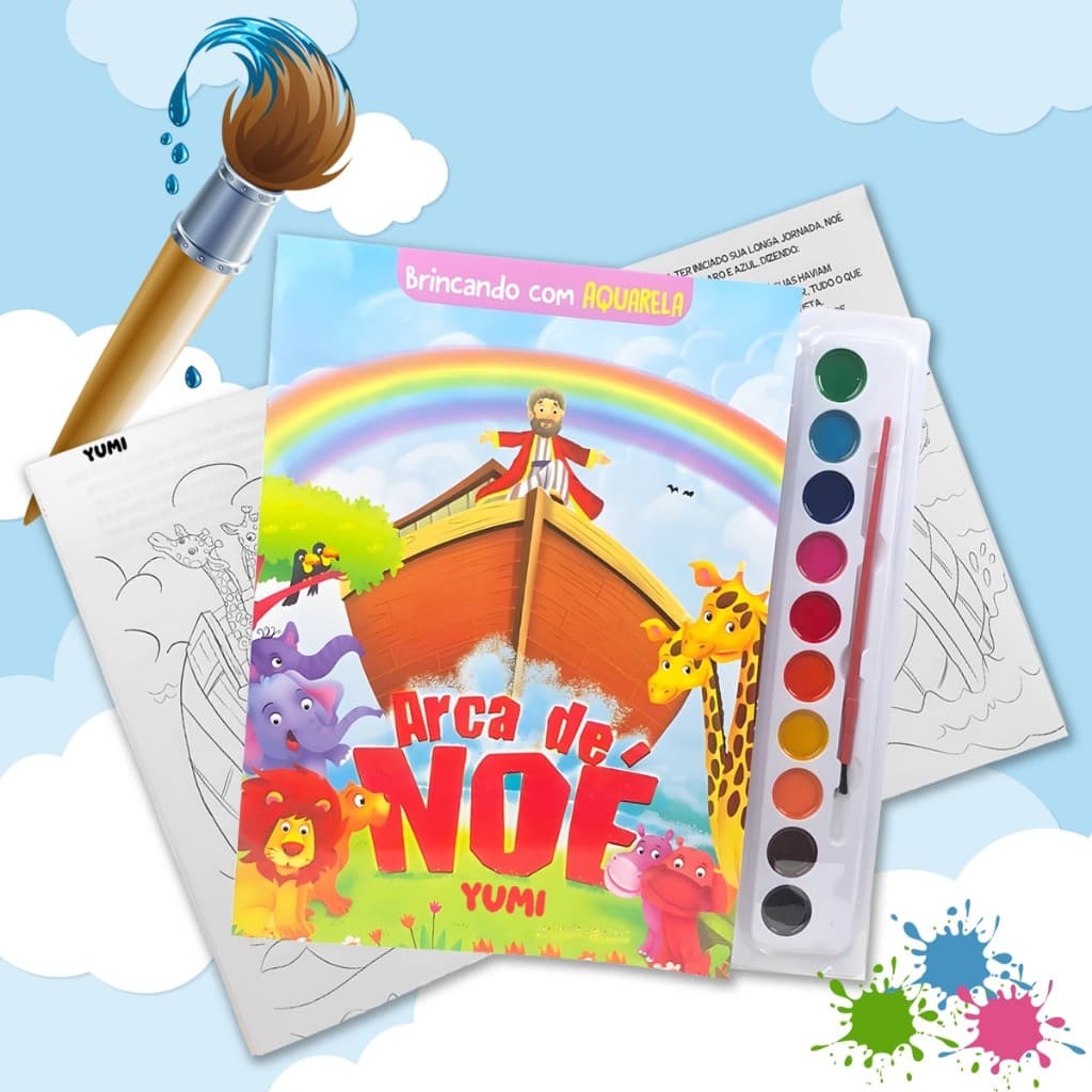 Livro De Pintura A Arca De Noé + Pincel E Tinta Aquarela Estimulo Visual E Coordenação Motora