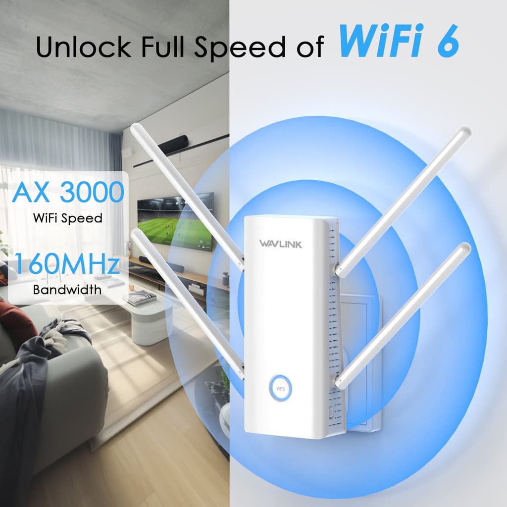 Repetidor de Sinal WiFi AX3000 Wavlink, Dual Band 2.4G + 5GHz, Wi-Fi 6 Amplificador de Alcance