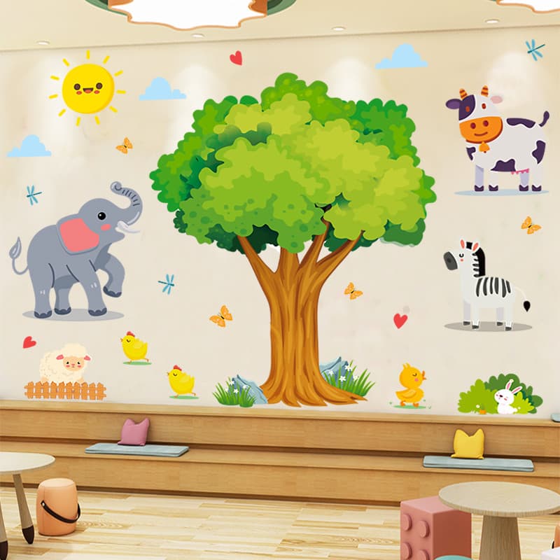 Crianças decoração do quarto adesivos de parede dos desenhos animados bonito Animal grande árvore adesivos bebê educação