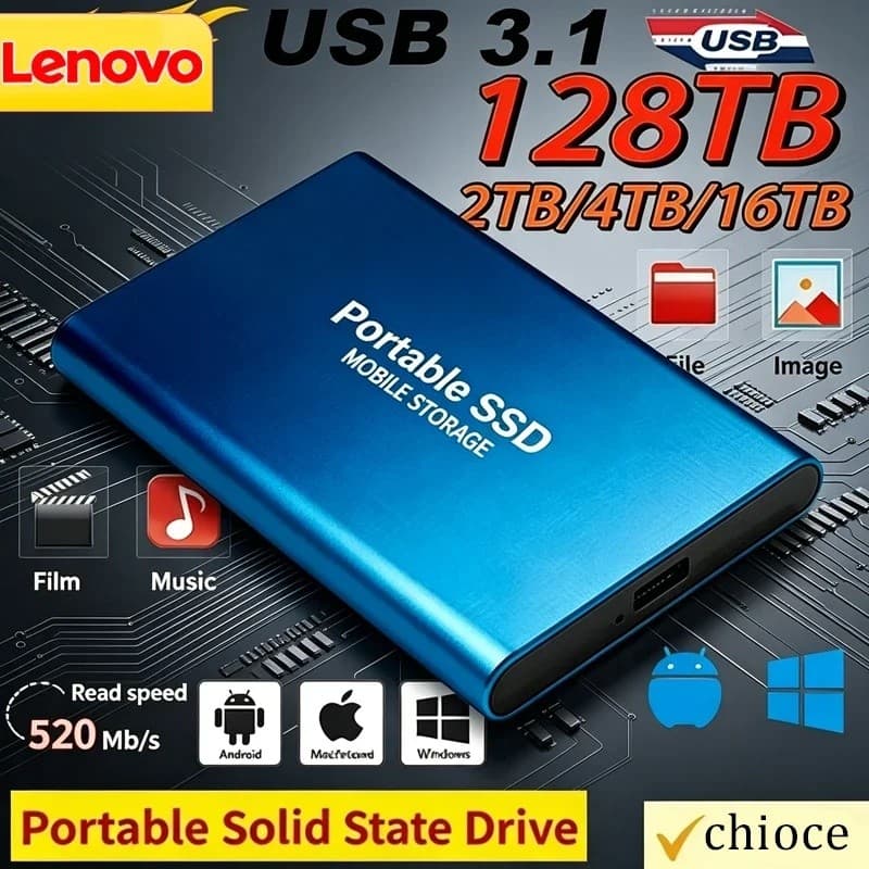 Lenovo Disco De Estado Sólido 1TB Rígido Externo 2TB De Alta Velocidade USB3.1 SSD Portátil 128TB Para Pc/Laptop/Mac/Tel