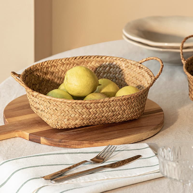 Cesta de armazenamento de algas marinhas tecida à mão Rattan cesta de frutas frutas vegetais lanches portátil cest
