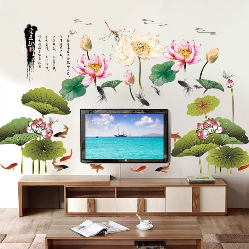 Lotus lótus adesivos de parede quente estilo chinês sala estar TV fundo decoração da parede auto-adesivo papel de parede