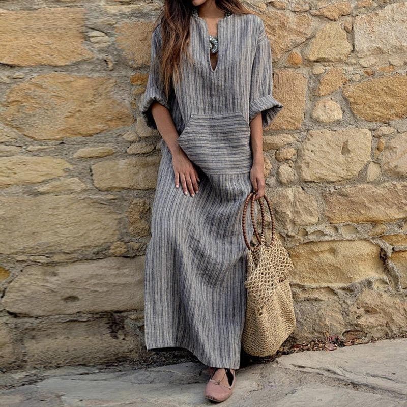 Vestido Feminino Listrado De Linho De Algodão Primavera Verão Casual Longo Solto