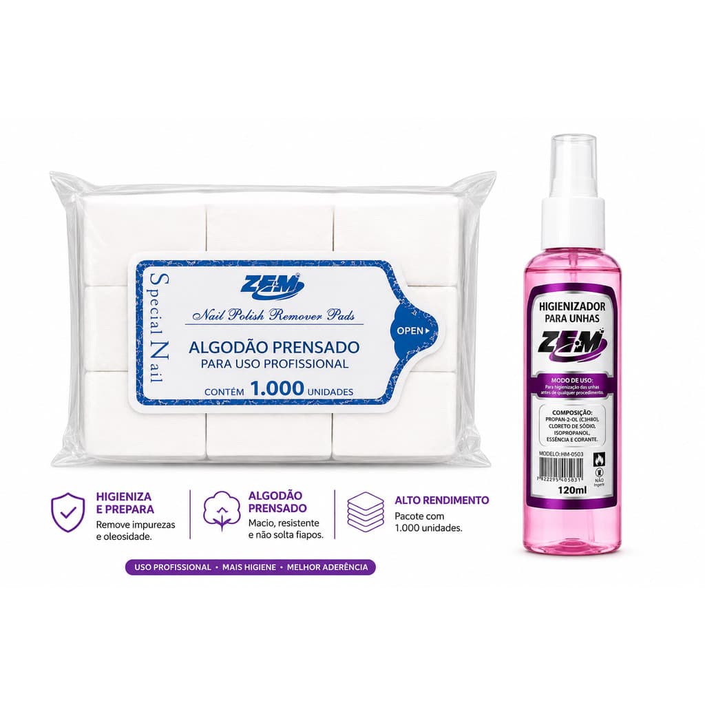 Kit Prep Higienizador ZEM 120ml + Algodão Prensado 1.000 Unidades