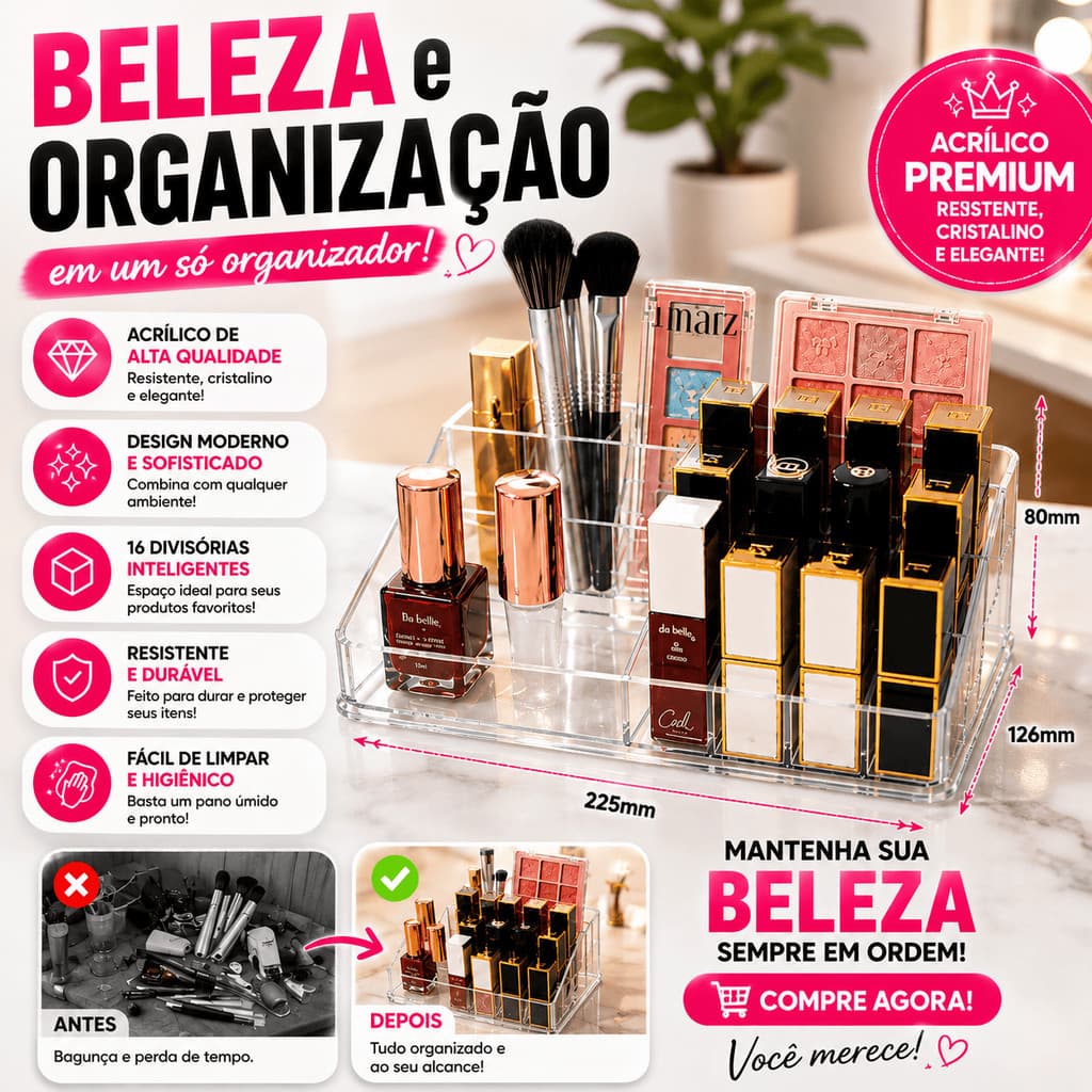 Organizador De Maquiagem Acrilico 16 Divisórias Porta Batom Pincel Transparente Caixa Porta Joias Esmaltes Maquiadora
