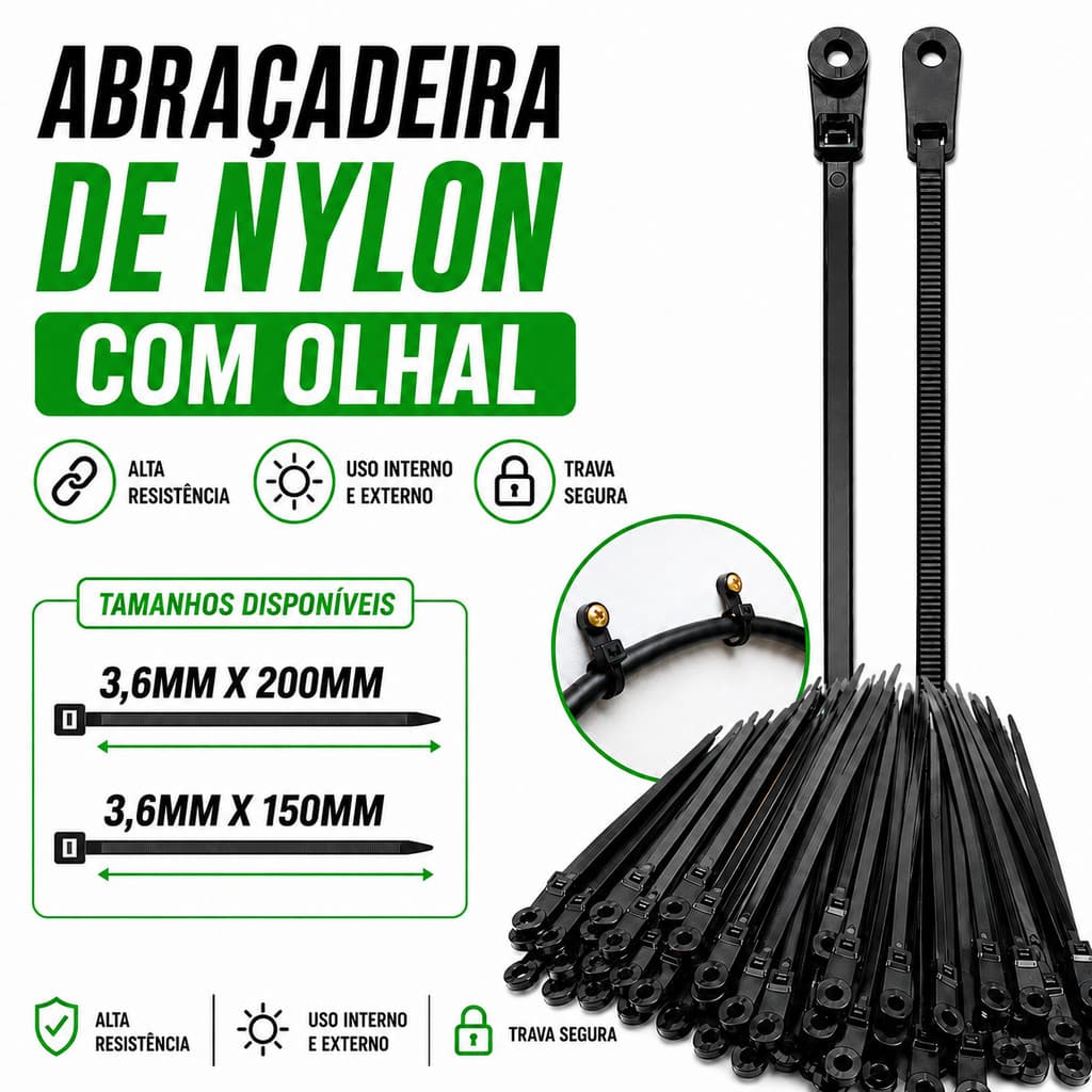 Abraçadeira de Nylon Preta com Olhal para Parafuso 3,6x150mm e 3,6x200mm Enforca Gato Presilha