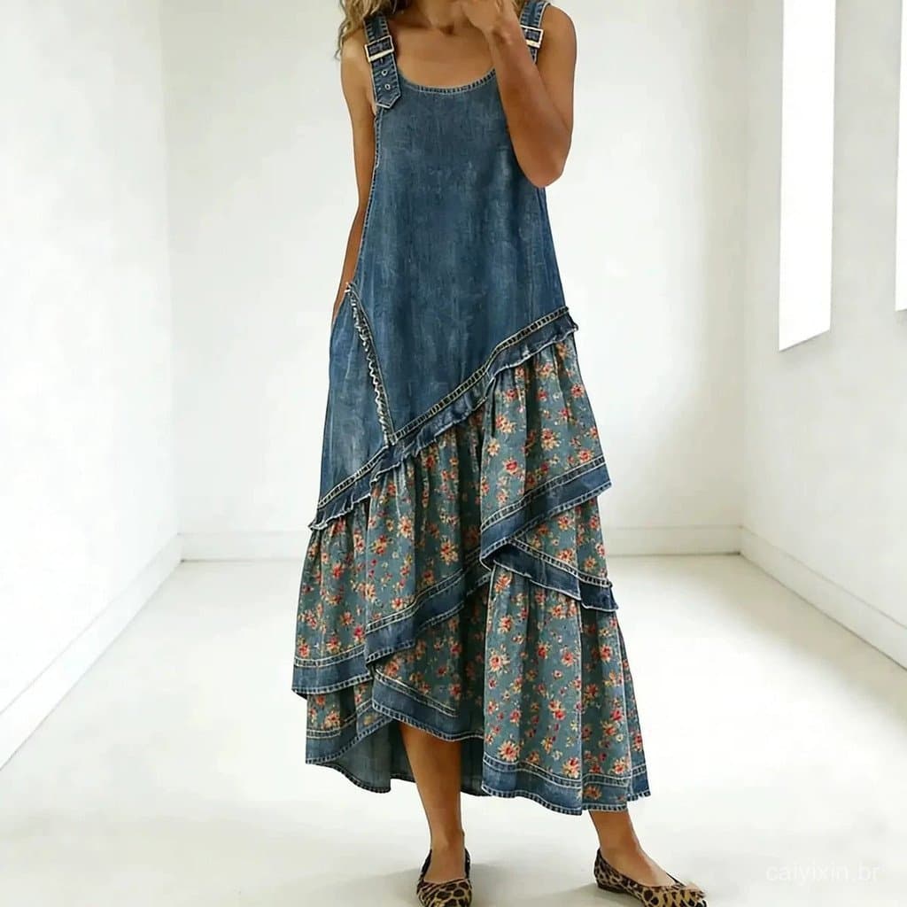 Saia Longa Retro em Patchwork para Mulheres, Vestido Casual Sem Mangas Estampado SU0K