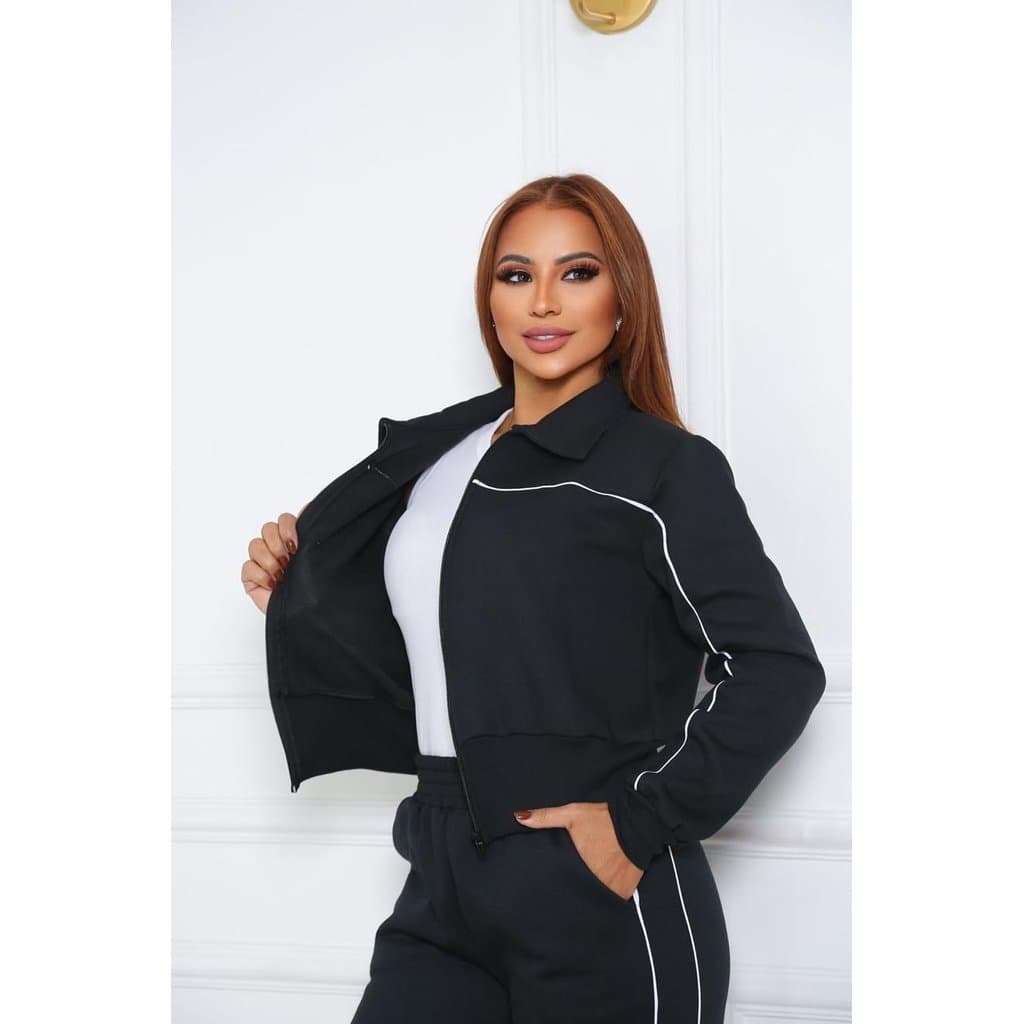 Conjunto Feminino de Moletom Felpado 2 Cabos com Listras Laterais - Preto