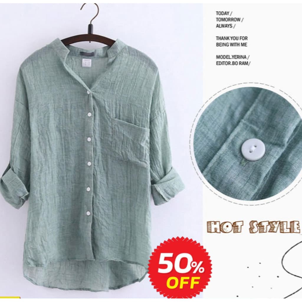 【Estilo Casual】2021 Nova Camisa Feminina de Linho com Gola Alta e Manga 7/8/Camisa de Proteção UV/Verão