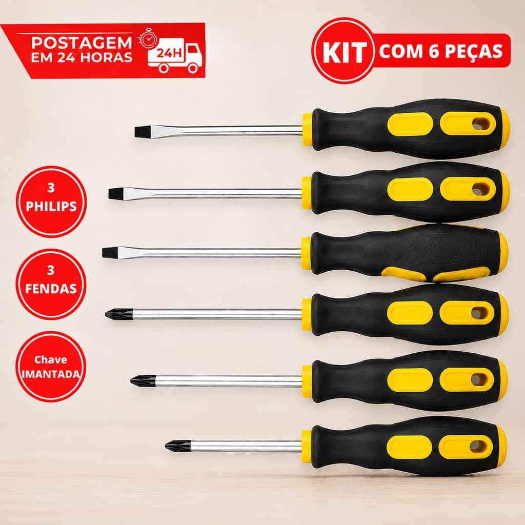 Conjunto Chave De Fenda Phillips 6 Peças em Aço Pontas Magnéticas Imantadas Cabo Emborrachado