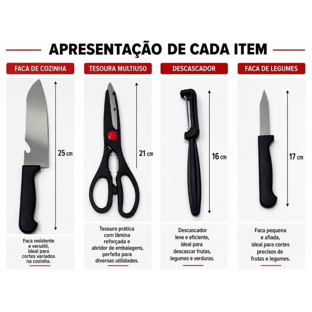 Kit 2  Facas + 1Tesoura +1 Descascador  Aço Inoxidável Jogo de Facas para Cozinha