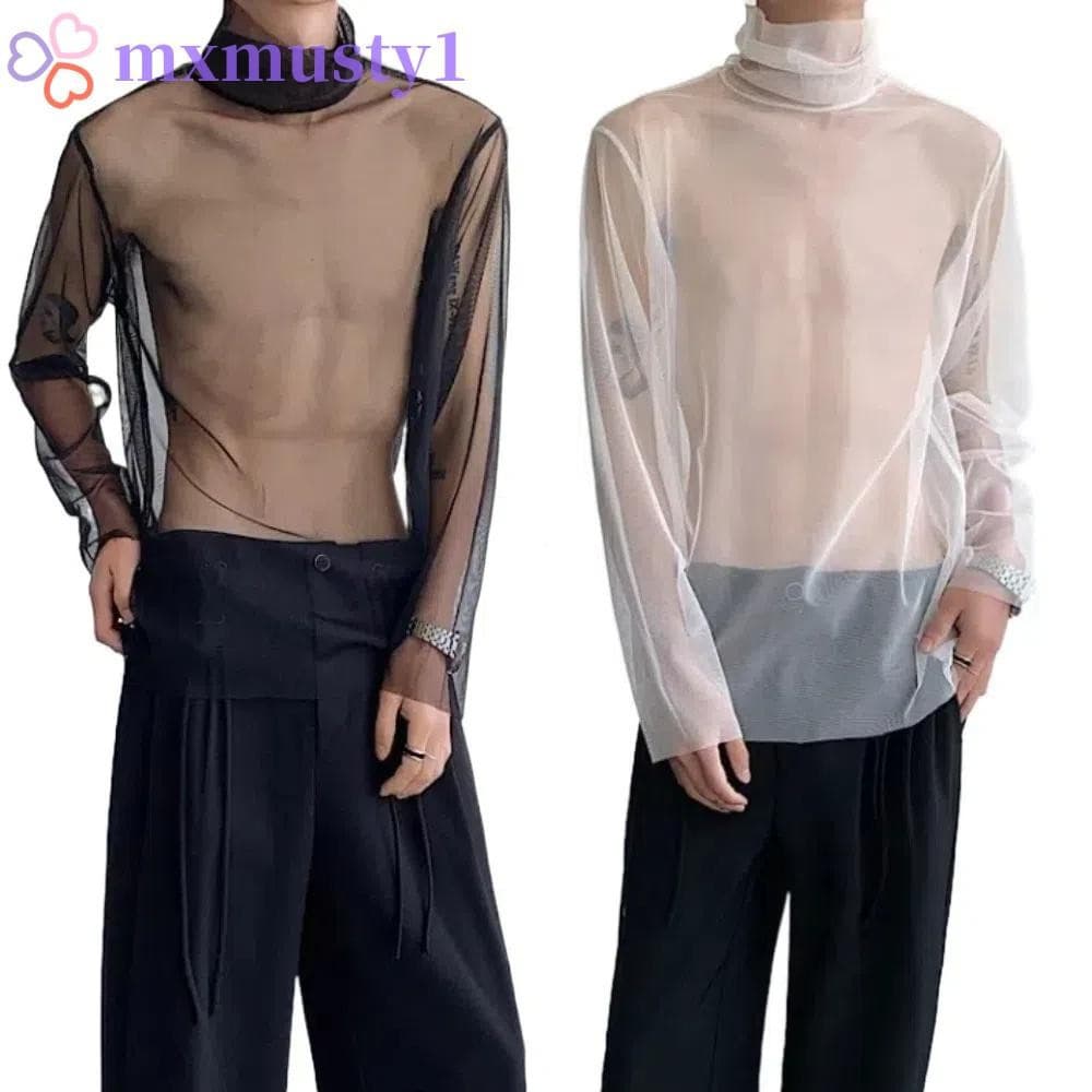 Camiseta Transparente MXMUSTY, de manga comprida e gola alta, camisa masculina de malha em cor sólida NKKU
