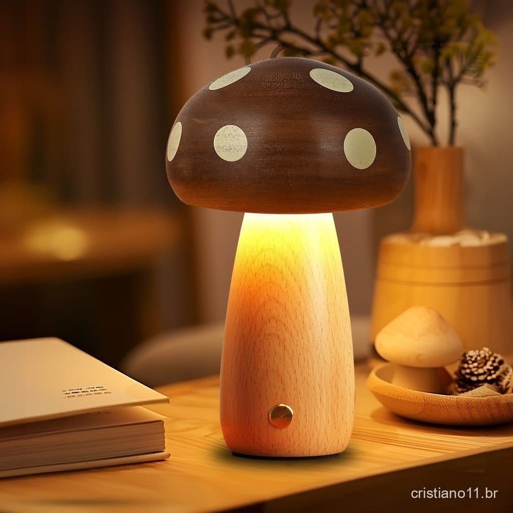 Pequena luminária de mesa criativa em madeira maciça em formato de cogumelo, decoração de cabeceira em madeira de faia.