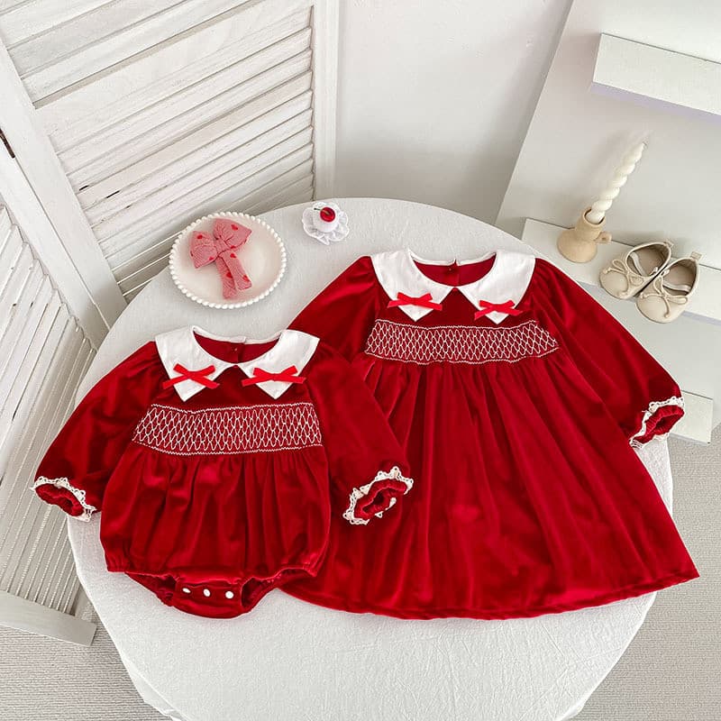 Meninas vestido de natal gola boneca vermelha vestido de bebê recém-nascido vestido de princesa crianças irmãs d