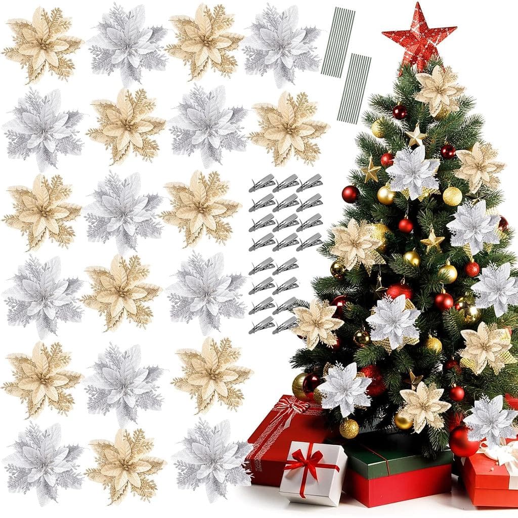 20 Peças de Flores Artificiais de Poinsétia de Natal de 5,5 Polegadas, Flores Douradas e Prateadas com Glitter, Enfeites
