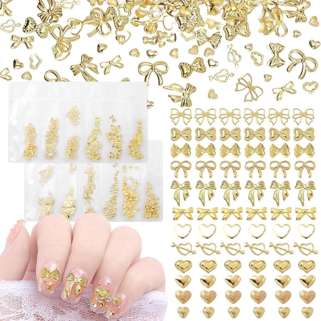 Laços Dourados para Unhas, Laços Pequenos em Forma de Coração com Base Plana, Laços Dourados para Arte em Unhas, D