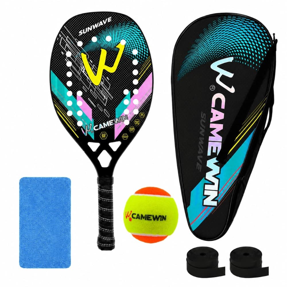 Kit Raquete Beach Tennis Camewin Carbono 3K Ultra Leve Soft Touch + Bolinha com Bolsa Grip e Munhequeira Esporte