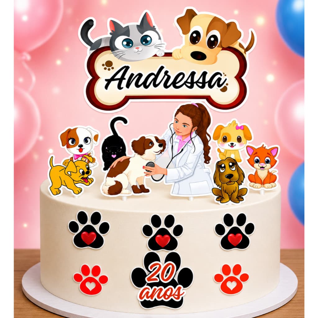 Topo de Bolo Topper Personalizado com Nome e Idade - Veterinária