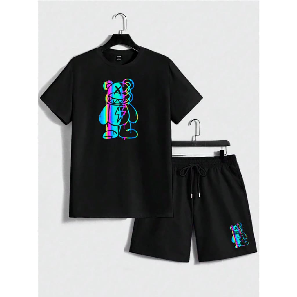 Conjunto Masculino Bermuda e Camiseta Algodão 30.1 Urso Neon Raio Urban Life Colorido Otima Qualidade