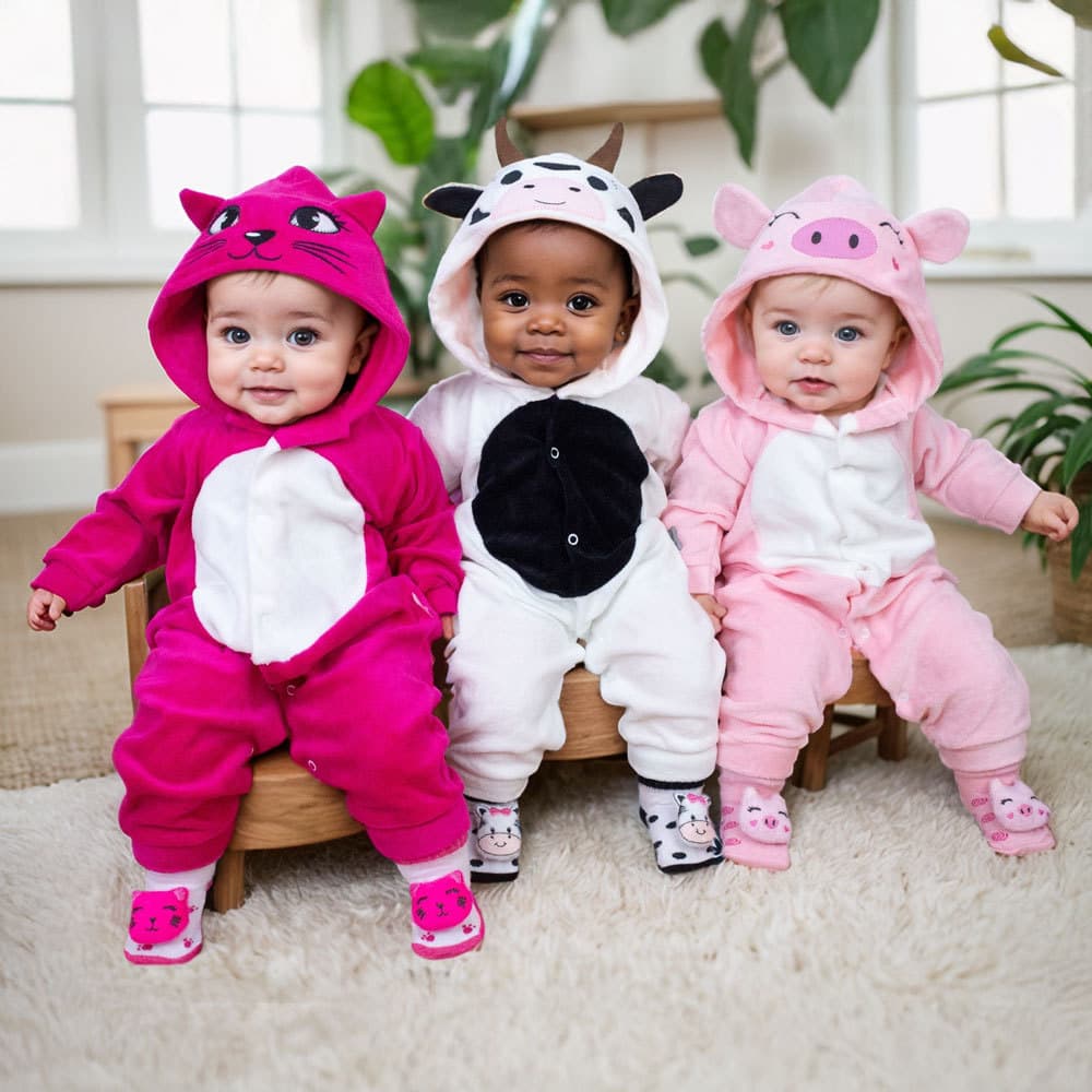 Conjunto Macacão Em Plush 3d E Pantufa Lúdica Para Bebê Menina