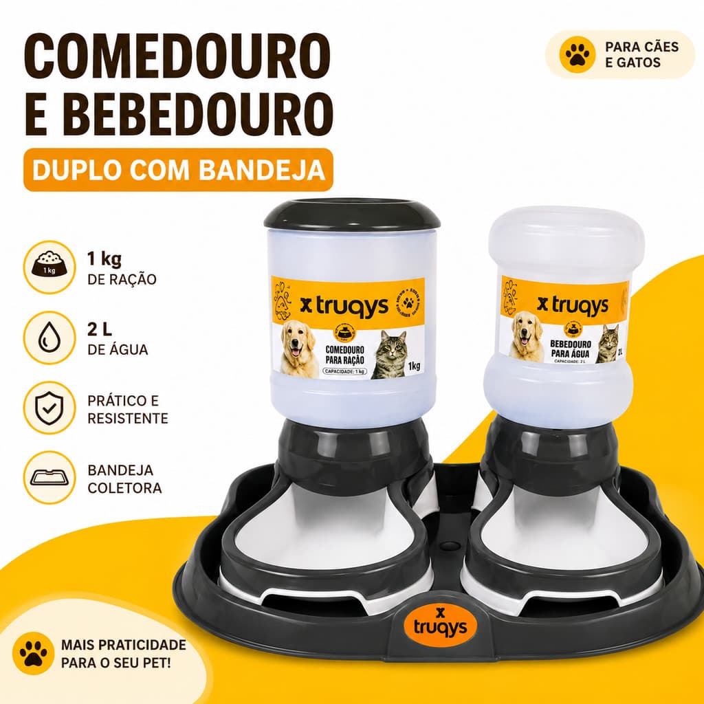 Bebedouro Comedouro Automático Pet Duplo para Cães e Gatos com Bandeja