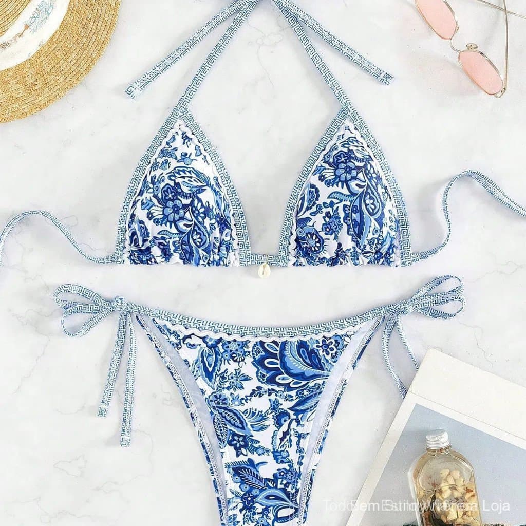 Maiô Feminino azul branco porcelana estampa rendas Biquini Feminino dividido maiô