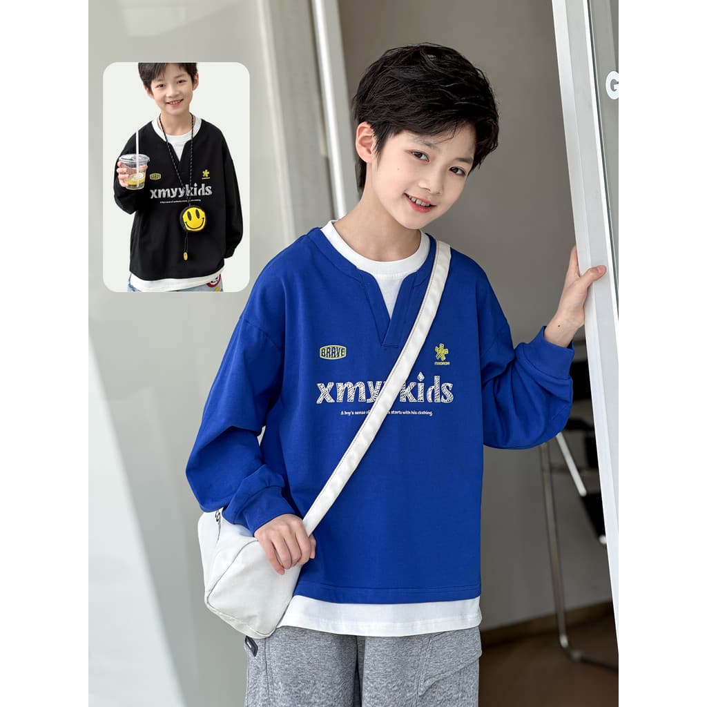 2026 primavera novo estilo roupas esportivas meninos falso moletom de duas peças Street Wear moda costura manga comprida