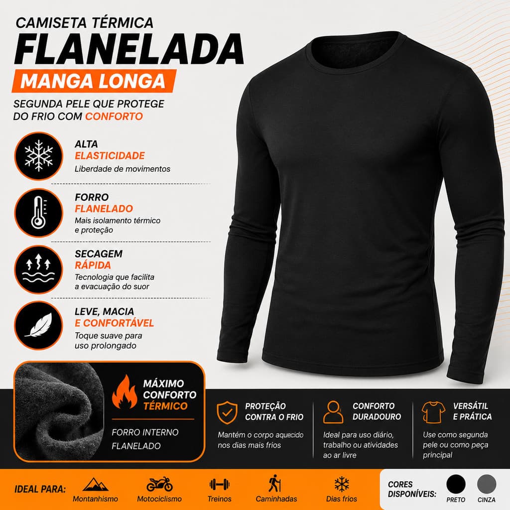 Camisa Térmica Segunda Pele Flanelada Para Frio Inverno