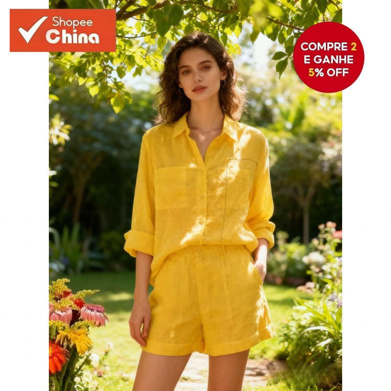 Conjunto de Camisa de Manga Longa e Shorts Fashion Braca para Mulheres, Verão 2024, Conjunto de Algodão e Linho Casual D