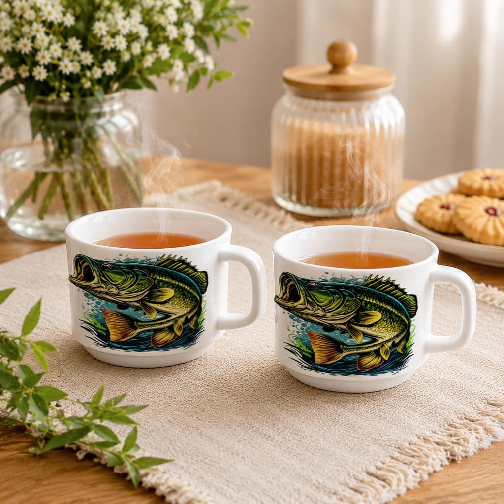 Kit 2 Xícaras Porcelana Pescaria Pesca Peixe Vara Anzol Rio