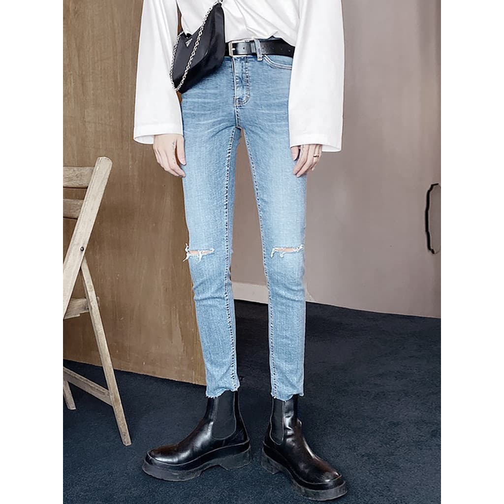 High Street Street Wear Nicho All-Match Jeans Rasgados Homens slp9-Point Calças Slim-Fit Calças Skinny Calças Bonitas Um