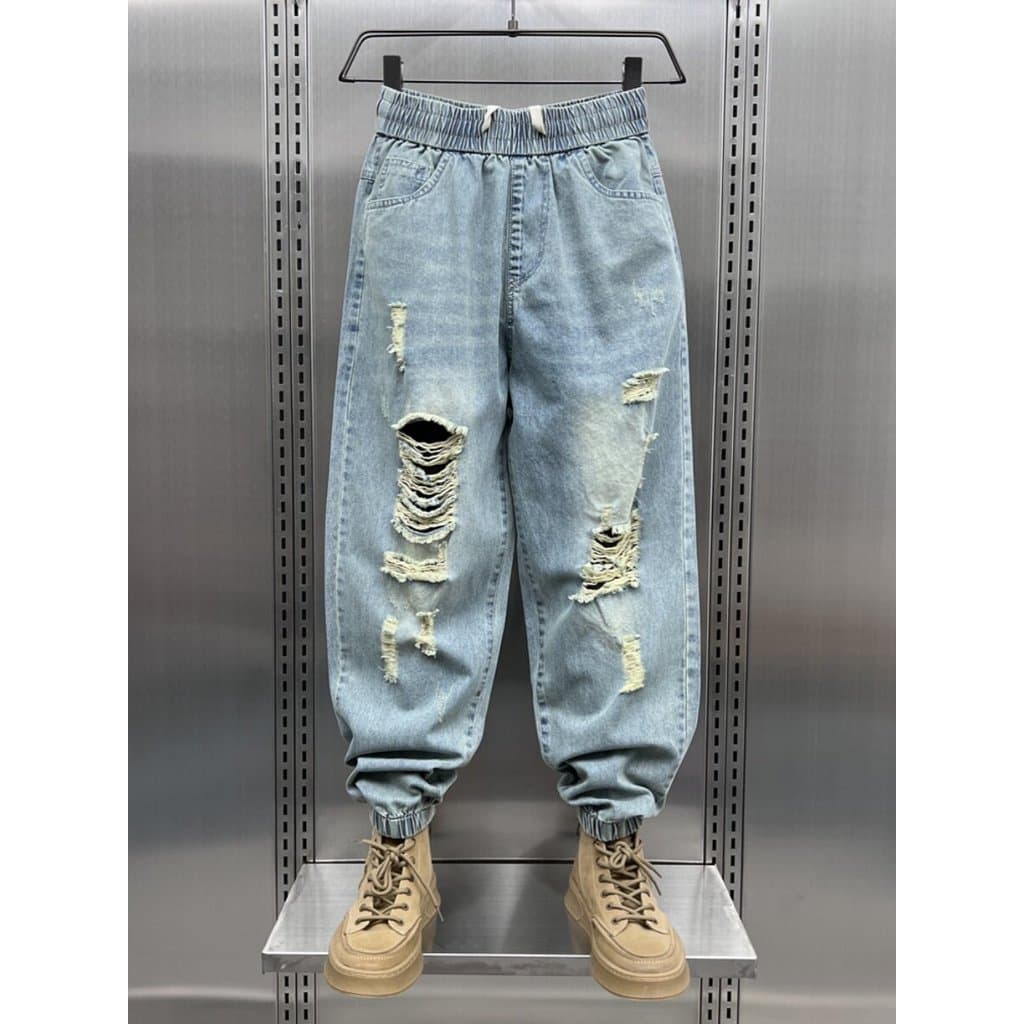 Calças de mendigo rasgadas masculinas primavera outono Street Wear tornozelo comprimento Jeans solto lavado cintura elás