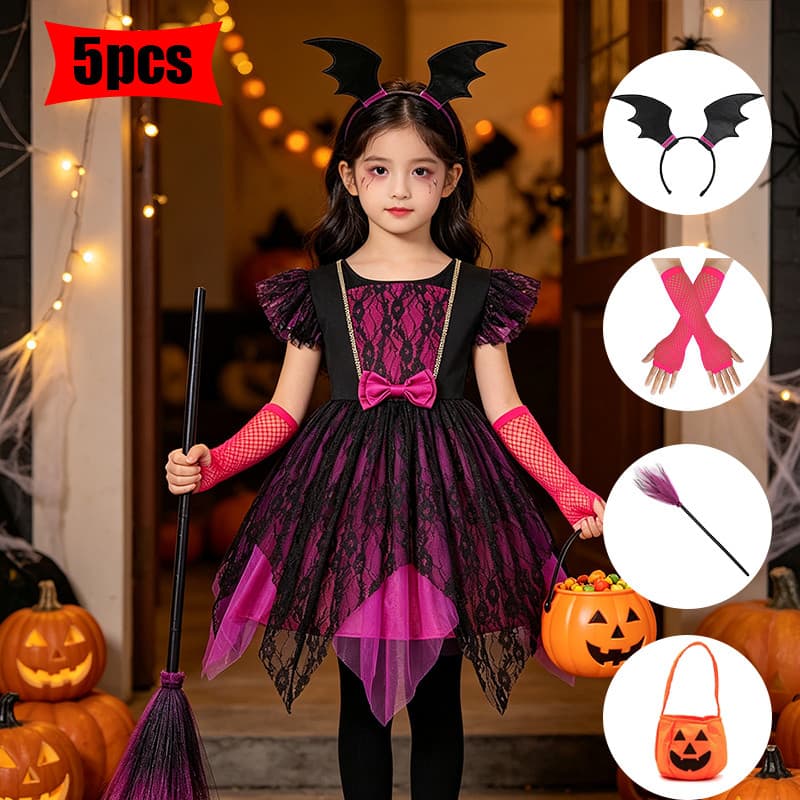 Crianças Menina Halloween Bruxa Traje 5 Pçs Conjunto Vestido De Renda Roxa Cosplay Roupa Truque Ou Deleite Festa Para 3-