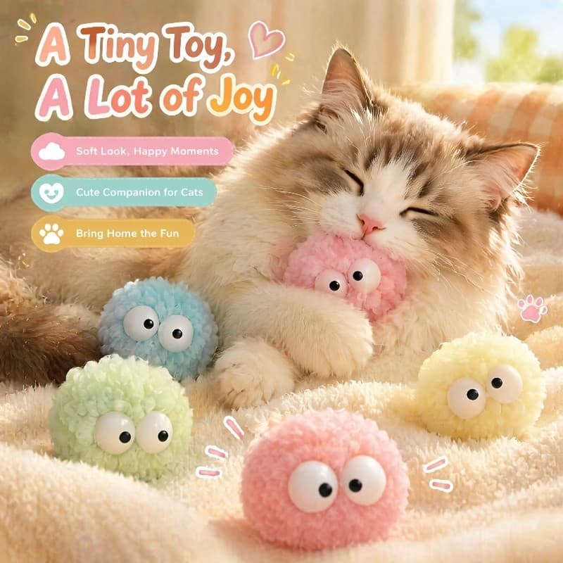 5 peças de brinquedo de bola de pele de gato, olhos grandes fofos - (cor aleatória), brinquedo interativo de gato, adequ