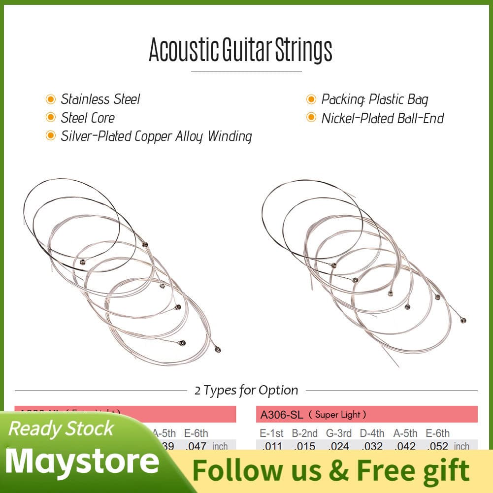 Maystoree-br Conjunto de cordas para violão folk acústico série Alice A306, núcleo de fio de aço inoxidável, liga de