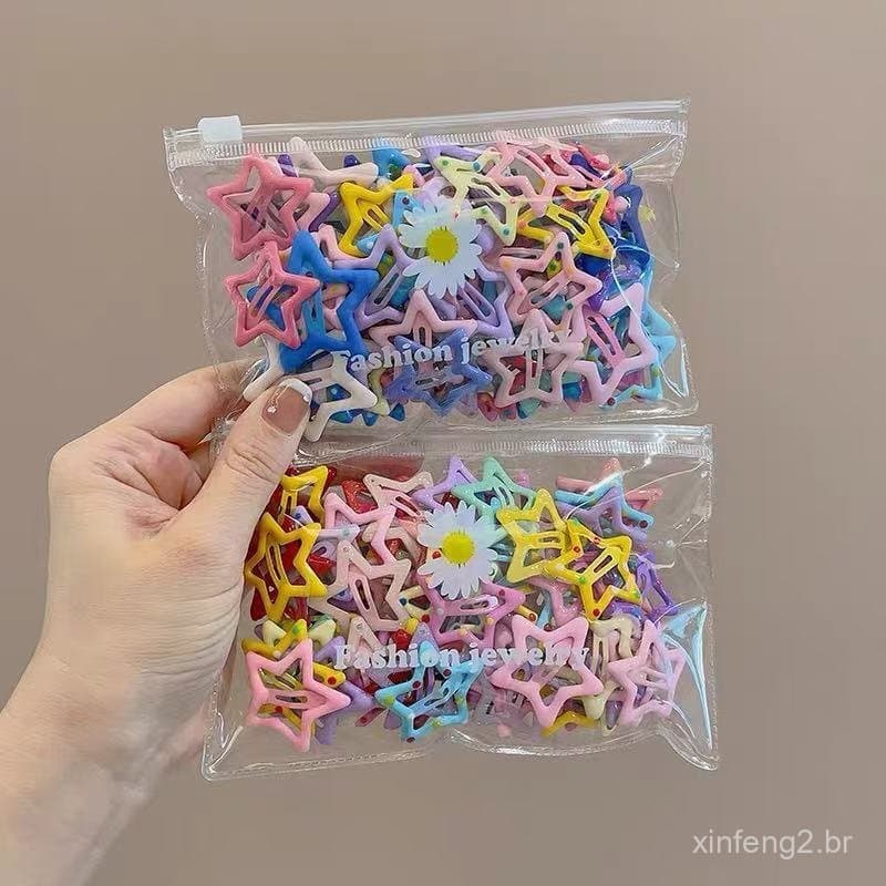 Kit de 50 Peças de Presilhas de Cabelo Coloridas ou Prateadas em Forma de Estrela para Franjas Laterais, para Meninas e