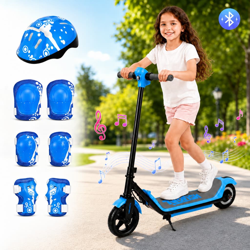 Patinete Elétrico Infantil Unissex 110W Bateria 24V 2,5Ah Rodas 16,51cm Até 60kg Luzes Bluetooth Freio Eletrônico Azul