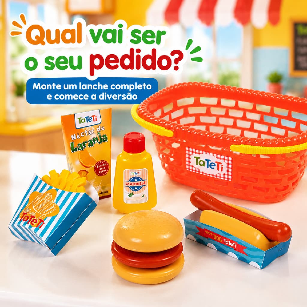 Cestinha Hora do Lanche Tateti Restaurante Infantil 11 Peças Pedagógicas Faz de Conta
