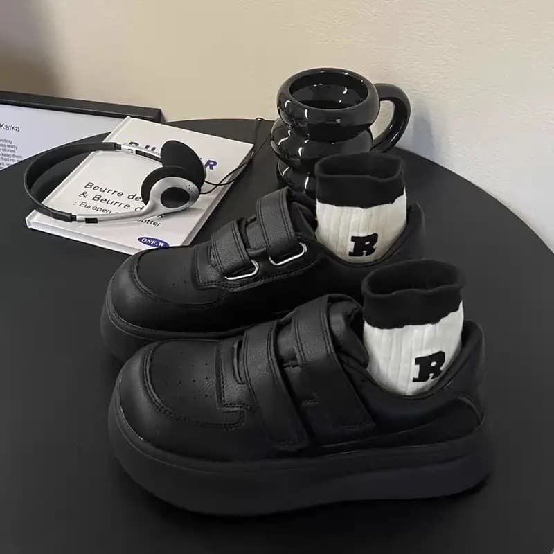 Tênis Femininos de Cano Baixo em Lona, Sola Grossa, Brancos, Casuais, com Fecho de Velcro, Aumento de Altura, Estilo Ori
