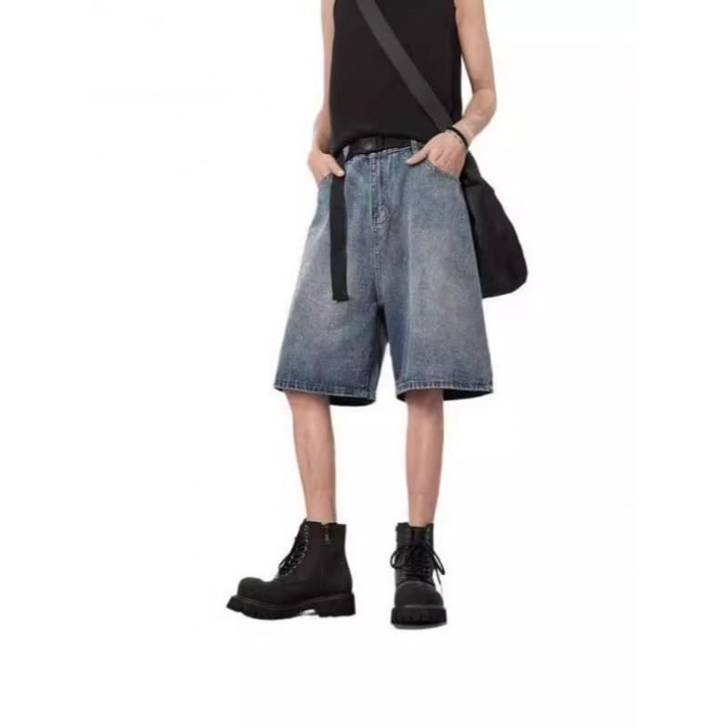 American street Wear Retro cor sólida angustiado lavado em linha reta Denim Shorts masculino rua Casual solto All-Match