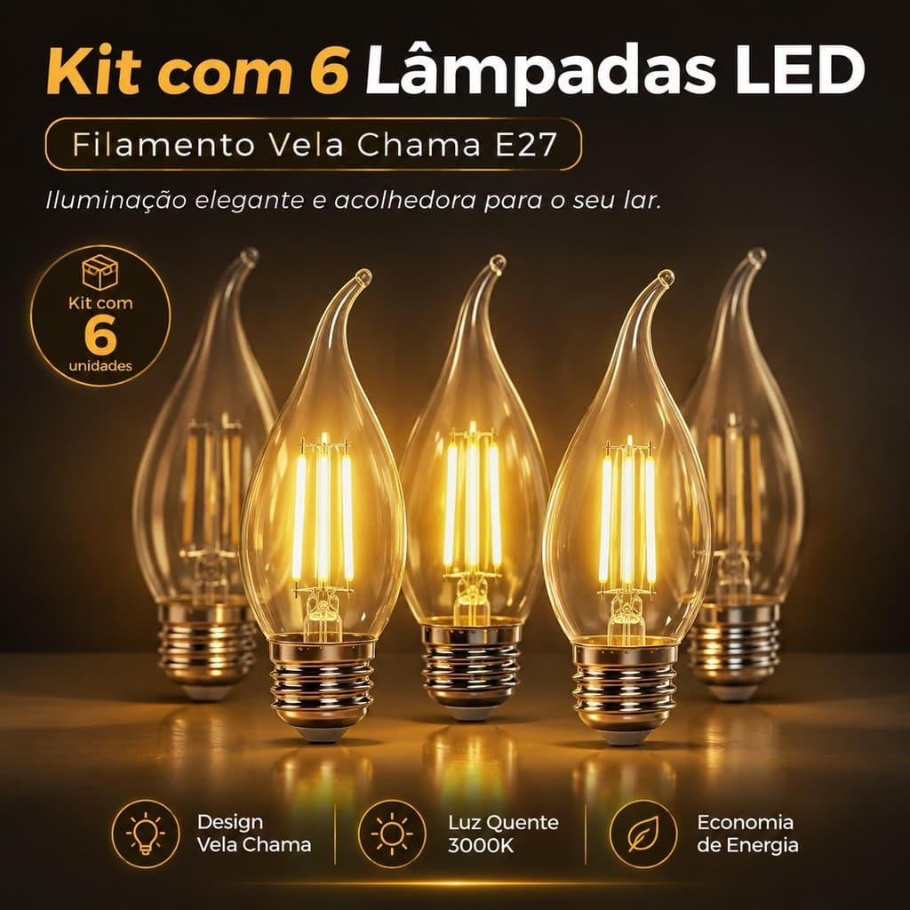 Kit 6 Lampadas Led Filamento Vela Chama 4w E27 3000k Branco Quente