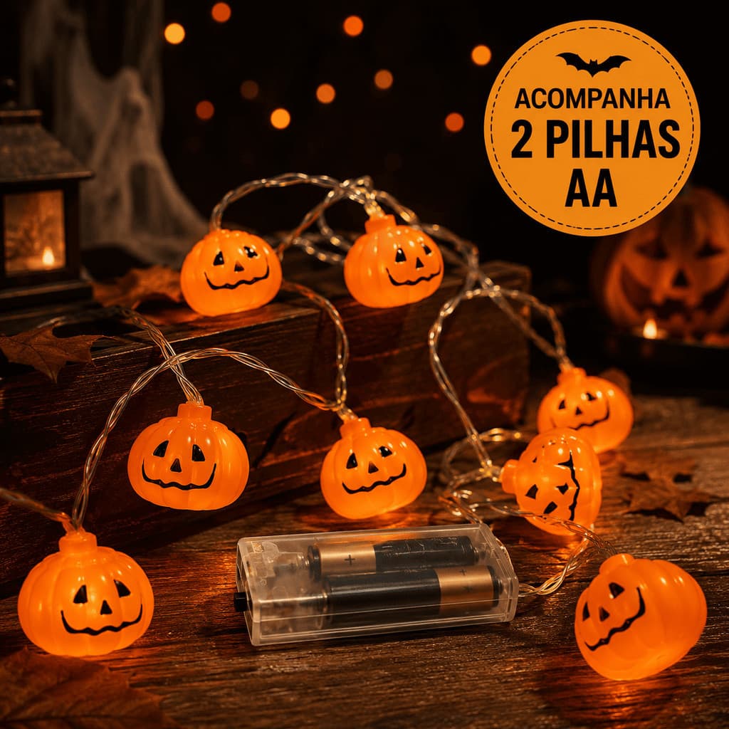 Varal de LED Halloween 2 Metros Abóbora Morcego Caveira Fantasma Luz Decorativa para Festa e Dia das Bruxas