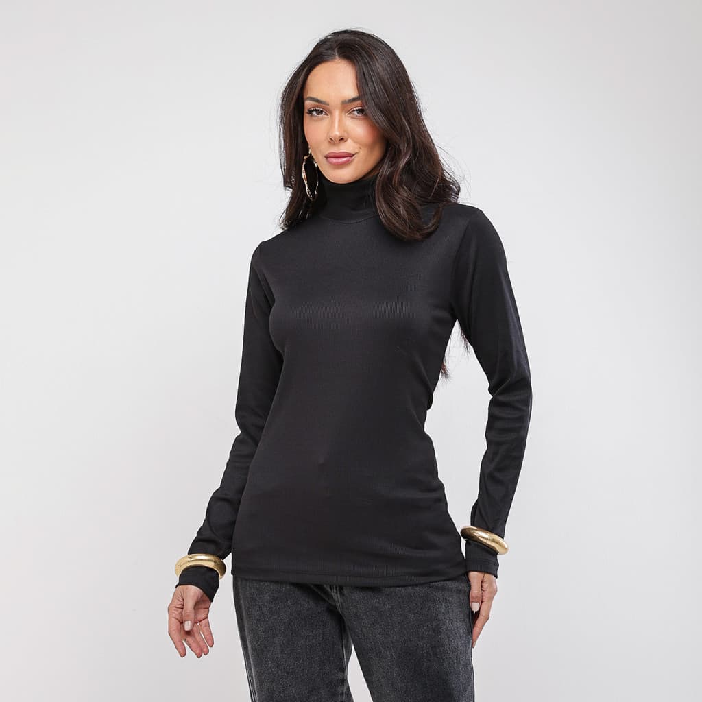 Blusa Gola Alta Feminina Canelada Manga Longa Cacharrel Slim