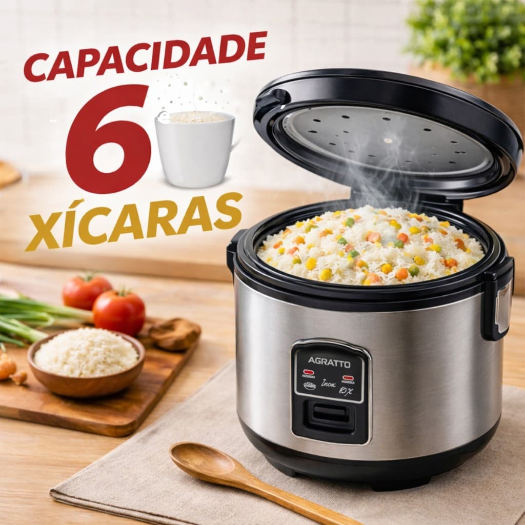 Panela Eletrica Inox Arroz Legumes 6 Xicaras Agratto 127v ou 220v 400w Casa Cozinha Portatil Pratica